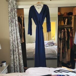 Lulu's Blue Bell Sleeve V-Neck Gown